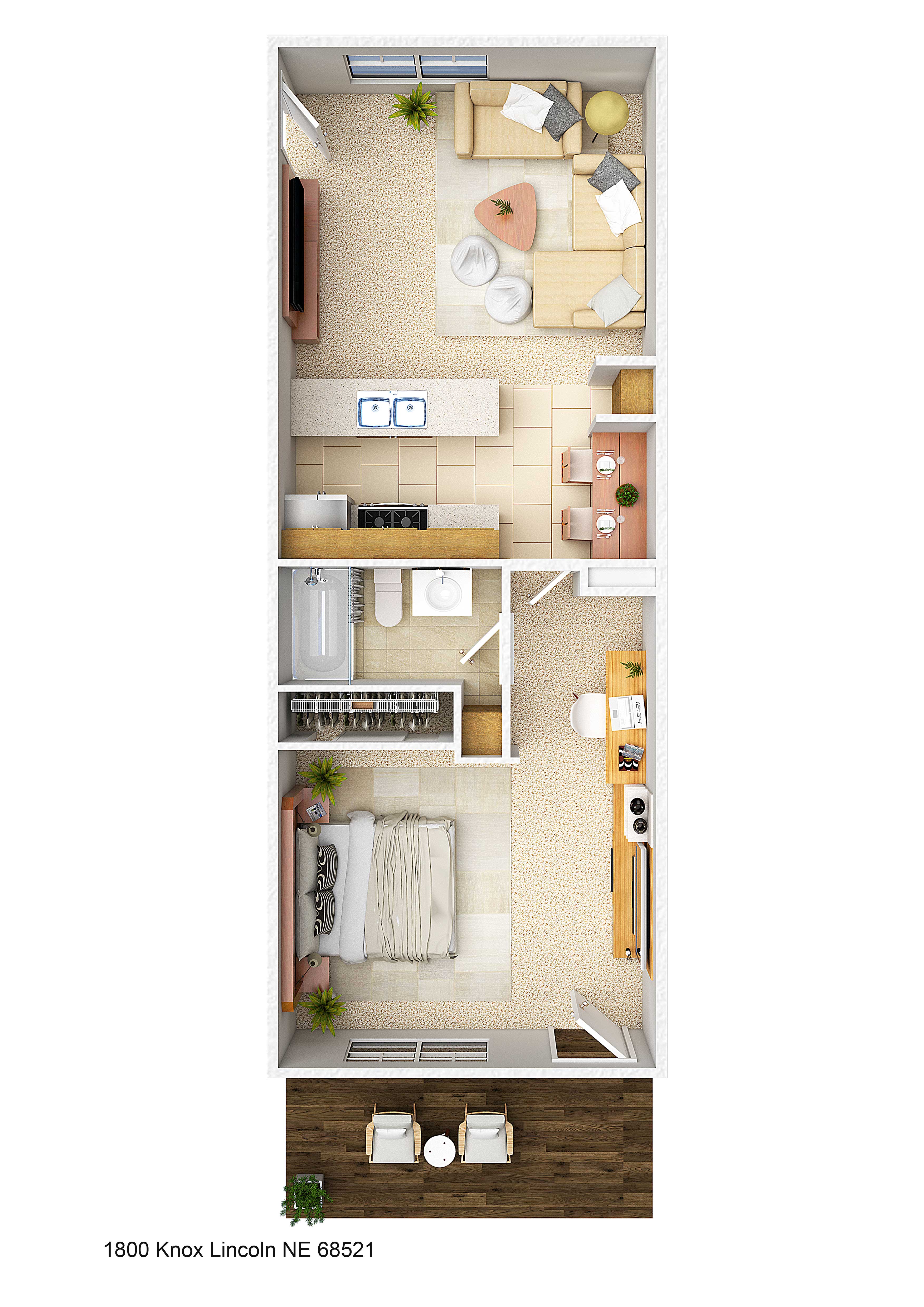 Floor plan for 1 bed, 1 bath, 651 sqft